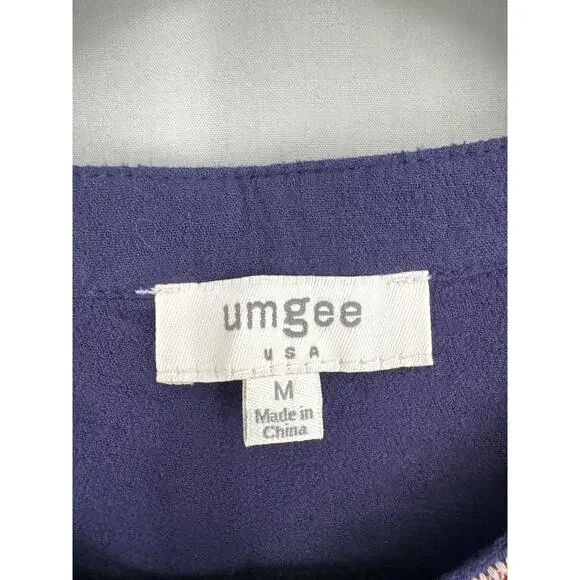 Umgee Top Womens Medium Navy Blue Tunic Flowy Embroidered Boho Bohemian Button - Picture 2 of 8